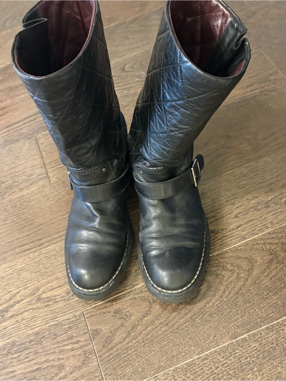 CHANEL black Quilted Leather moto Boots size 38